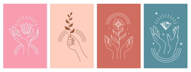 Cosmetic and SPA icons with woman hands, sun, flower, gem and moon in vector boho line. Diamond jewelry, flower blossom and plant branch symbols for cosmetic design, moisturizer cream or SPA skincare