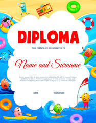 Obraz premium Kids diploma, cartoon vitamin and mineral characters on beach vacations, vector education certificate. Kindergarten appreciation diploma award with iron pill on kayak, calcium and cuprum on surfboard