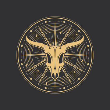 Occult esoteric tarot card symbol of Baphomet skull, magic and alchemy vector circle. Esoteric symbol of sacred sun of celestial mystic clock with moons and Baphomet goat skull in devil pentagram