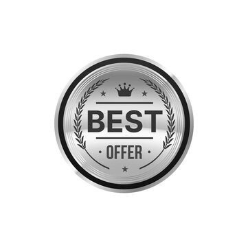 Best offer silver badge or special price label. Store best price symbol or sticker, shop sale coupon vector premium tag or silver badge. Store product discount promotion sign with laurel and crown