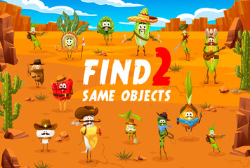 Find two same cartoon cowboy, sheriff, indian and bandit vegetable characters. Objects compare quiz, difference spotting game vector worksheet with bean, kohlrabi and artichoke, corn, potato, pepper