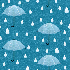 Rain drops and umbrellas seamless pattern. Textured weather nature motif raster blue colored repeat endless backdrop.  Dew water dripping falling with blue background.