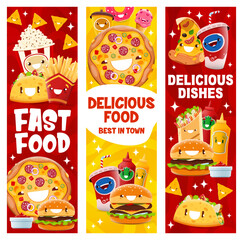 Naklejka premium Cartoon takeaway fast food characters. Popcorn, french fries and tacos, pizza, hamburger and ice cream, soda drink, nacho chips and donut street food restaurant funny meals vector banners