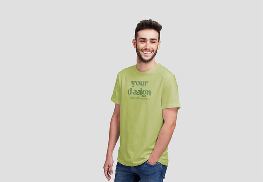 Man Smiling Wearing a Short Sleeve T-Shirt Mockup