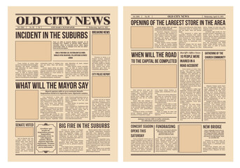Vintage newspaper, old paper with city news page, vector retro background. Newspaper articles and picture frames, newsprint press with headline or news poster with titles in columns and empty pictures - obrazy, fototapety, plakaty