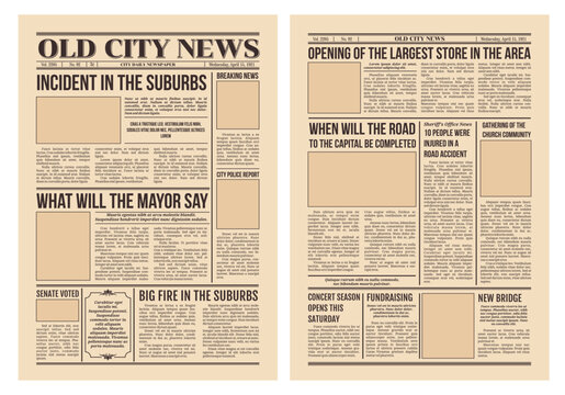 Vintage newspaper, old paper with city news page, vector retro background. Newspaper articles and picture frames, newsprint press with headline or news poster with titles in columns and empty pictures