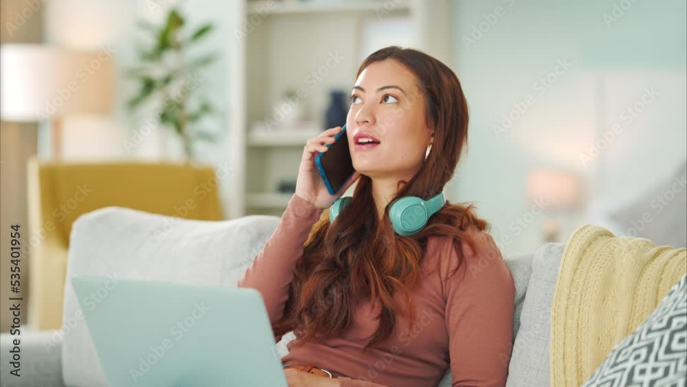 Canvas Prints Phone, laptop and call with a woman talking on a mobile while working on the internet with her computer at home. Email, technology and conversation with a young female in the living room of her house