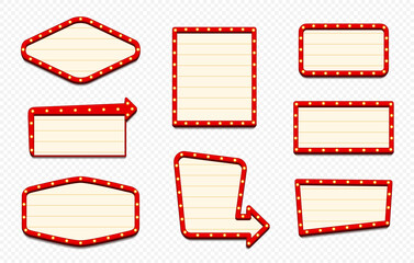 Retro lightboxes, cinema theater signs or billboard signages, vector light frames. Circus, casino or movie cinema retro lightboxes and signboards for show, Vegas casino or night club light bulb arrow © Vector Tradition