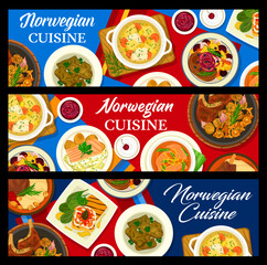 Norwegian cuisine vector banners with fish and meat food dishes. Vegetable fruit salad, salmon soup and chowder, lamb chops with wine sauce, grape leaf rolls dolma, trout tartare and soured milk