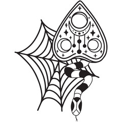 Hand drawn magical composition with snake, spider web and ouija board