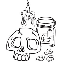 Hand drawn magical composition with a skull, a jar of magic crystal, runes and a candle