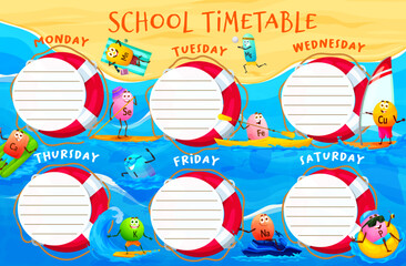 School timetable schedule, cartoon vitamin and mineral characters on beach vacations, vector education plan. Kids school timetable or lessons schedule with micronutrients calcium, iron and natrium