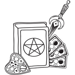 Hand drawn magic composition with ouija board, tarot, dagger and spell book
