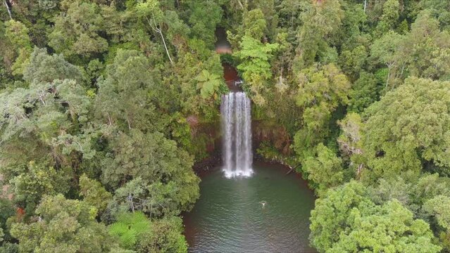 Aerial shot of a swimmer at Milla Milla Falls in North Queensland, Australia