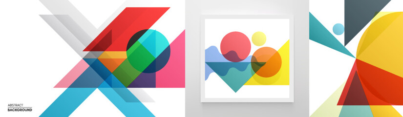 Obraz premium Art composition of flat colorful vector shapes. Abstract transparency geometrical background. Cover design template for presentation, corporate cover document, banner, flyer, poster, brochure.