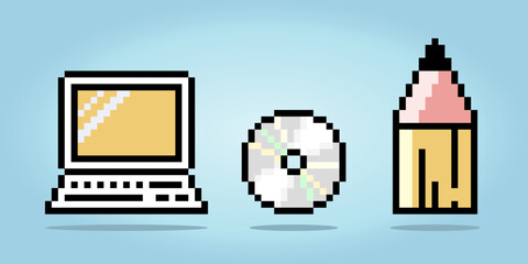 8 bit modern hardware technology, notebook, cassette disk, and pencil. Icon pixels For game assets and web icons in vector illustrations.
