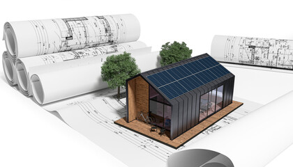 Solarmodule an einem modernen Einfamilienhaus - 3D Visualisierung - 535405552
