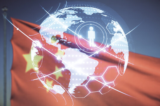 Double exposure of social network icons interface and world map on flag of China and blue sky background. Networking concept