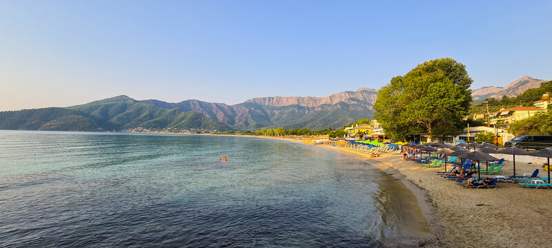 Panorama with the Golden Beach (Skala Potamia) during a sunny summer morning.