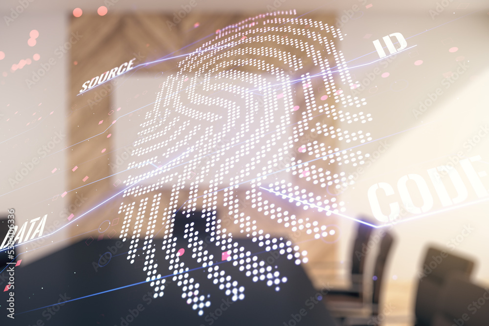 Poster Multi exposure of virtual abstract fingerprint illustration on a modern conference room background, digital access concept