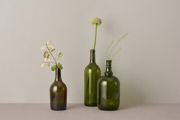 Horizontal still life studio shot of dark green bottles of different shapes with plants in them, gray background