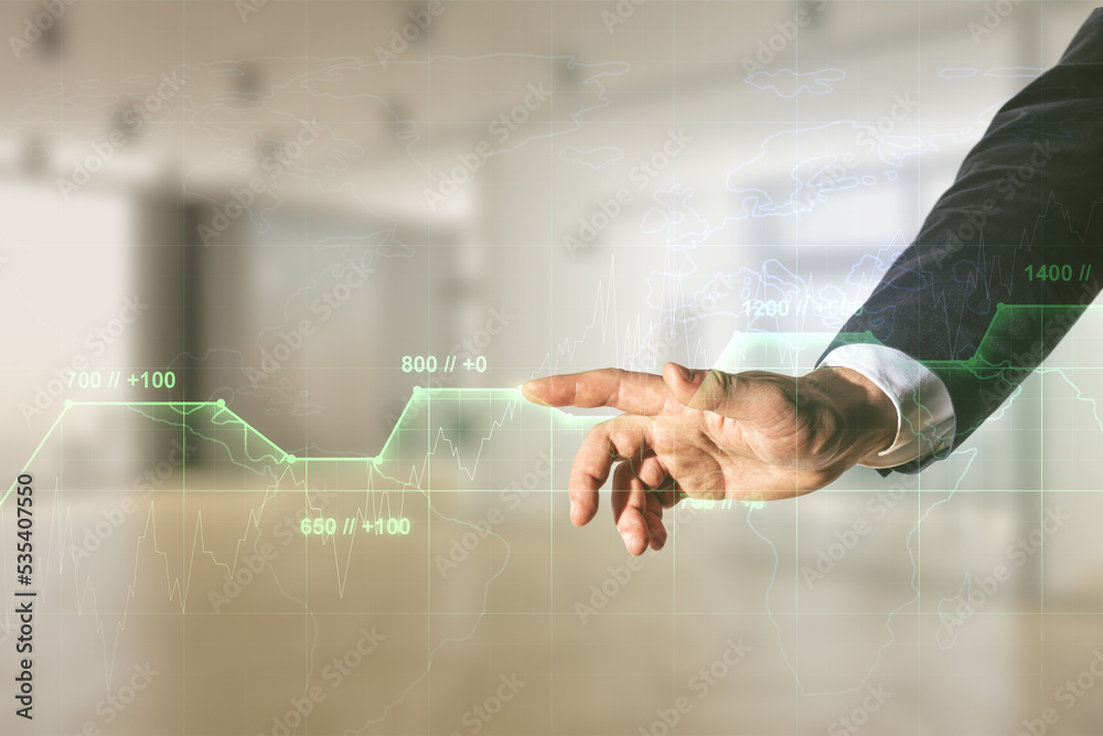 Poster man hand working with abstract virtual stats data hologram on blurred office background. multiexposu