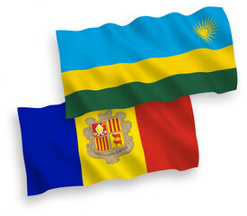 National vector fabric wave flags of Republic of Rwanda and Andorra isolated on white background. 1 to 2 proportion.