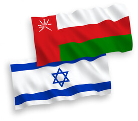 National vector fabric wave flags of Sultanate of Oman and Israel isolated on white background. 1 to 2 proportion.