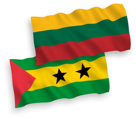 National vector fabric wave flags of Lithuania and Saint Thomas and Prince isolated on white background. 1 to 2 proportion.