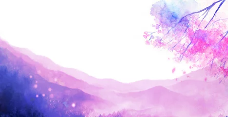Küchenrückwand glas motiv 水彩で描いた春の山と桜の風景イラスト　白背景 © gelatin