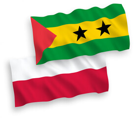 National vector fabric wave flags of Saint Thomas and Prince and Poland isolated on white background. 1 to 2 proportion.