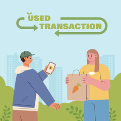 environmental protection banner. People are making purchases using second-hand goods store apps. 
