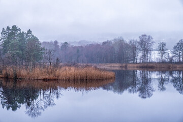 Lake with open water in winter