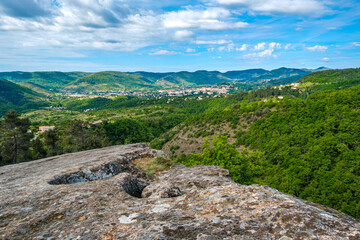 View on Privas and the Ardeche plateau from a sandstone plateau near La Jaubernie caves in Coux, south of France