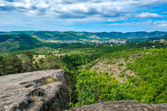 View on Privas and the Ardeche plateau from a sandstone plateau near La Jaubernie caves in Coux, south of France