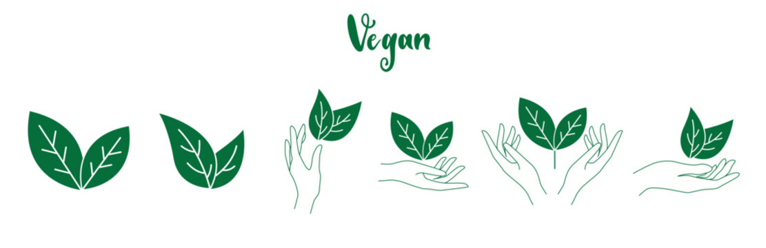 vegan logos hand and leaves line arts vector illustration 