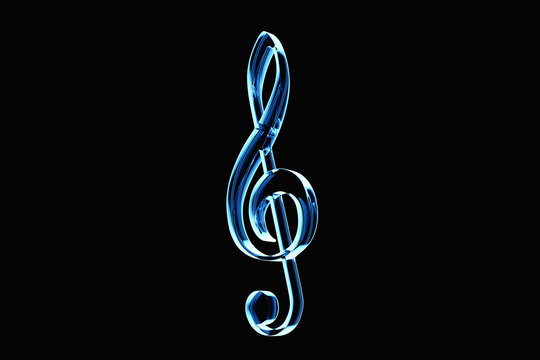 Realistic blue neon  treble clef  on a  black  background. 3d golden musical symbol - decoration elements for design.