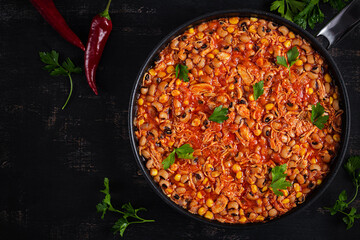 Chili con carne in bowl - traditional dish of mexican cuisine.Top view, flat lay