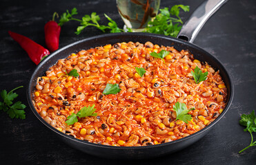 Chili con carne in bowl - traditional dish of mexican cuisine.