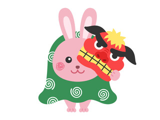 獅子舞の格好をした、ウサギのキャラクターのイラスト