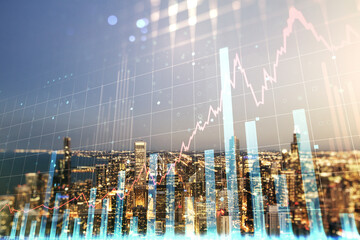 Multi exposure of abstract virtual financial graph hologram on Chicago skyline background, forex and investment concept