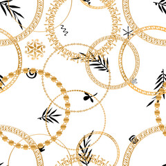 Seamless pattern decorated with precious stones, gold chains and pearls.	