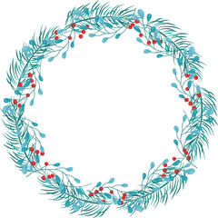 Obraz premium Botanical illustration on a transparent background with fir branches, red berries. Christmas wreath made of spruce and berries. Celebrating the new year 2023. Template for round greeting card, sticker