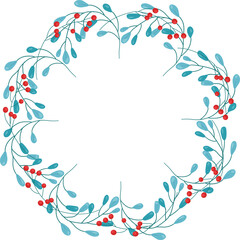 Botanical illustration on a transparent background with fir branches, red berries. Christmas wreath made of spruce and berries. Celebrating the new year 2023. Template for round greeting card, sticker