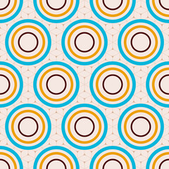 Abstract geometric seamless pattern with color circles. Blue, yellow, brown circles on beige background. Color vector background.