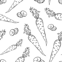 seamless black and white pattern with carrots and two slices cut off, simple hand drawing