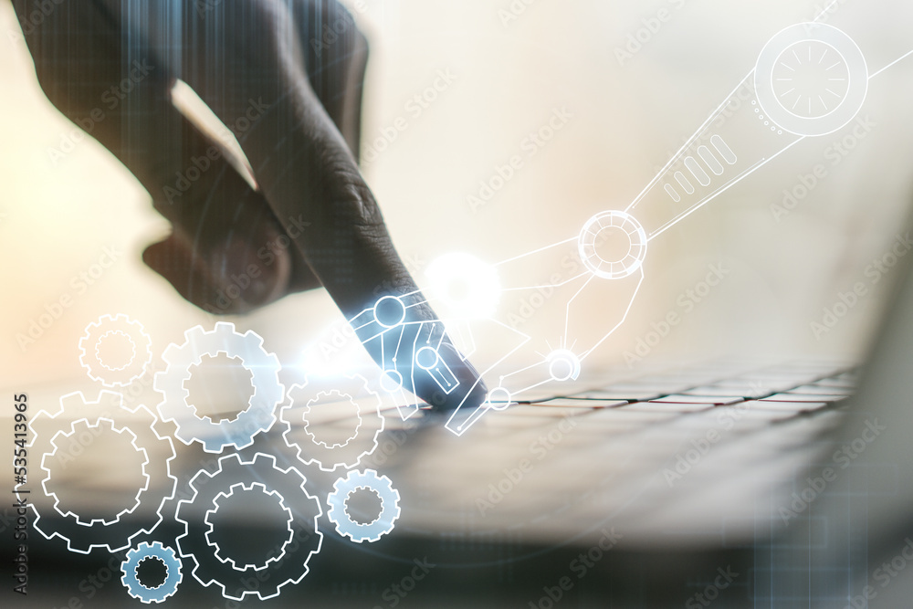Aufkleber double exposure of robotics technology hologram and hands typing on laptop on background. research a