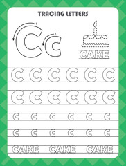 Trace letters of English alphabet and fill colors Uppercase and lowercase C. Handwriting practice for preschool kids worksheet.