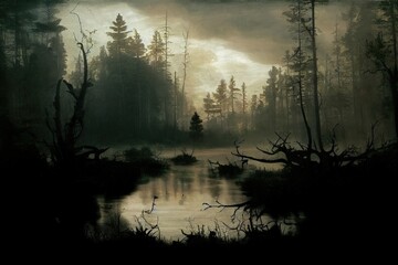 Empty, misty swamp in the moody forest with copy space. High quality illustration - obrazy, fototapety, plakaty
