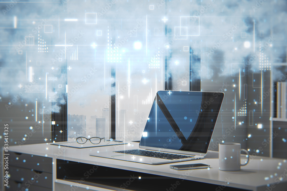 Poster close up of workplace with laptop and creative image of blurry cloud data icons on city background. 